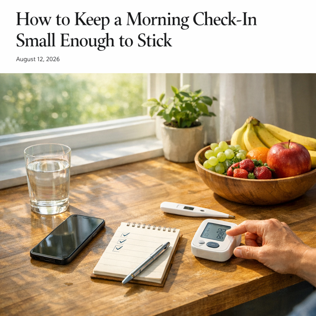 Morning wellness setup with iPhone, water glass, notebook, and fruit bowl