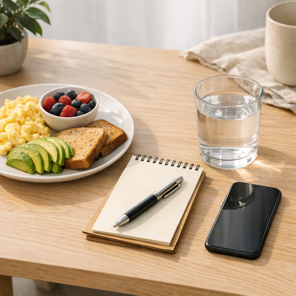 Desk with notebook, phone, and water bottle during a morning reset