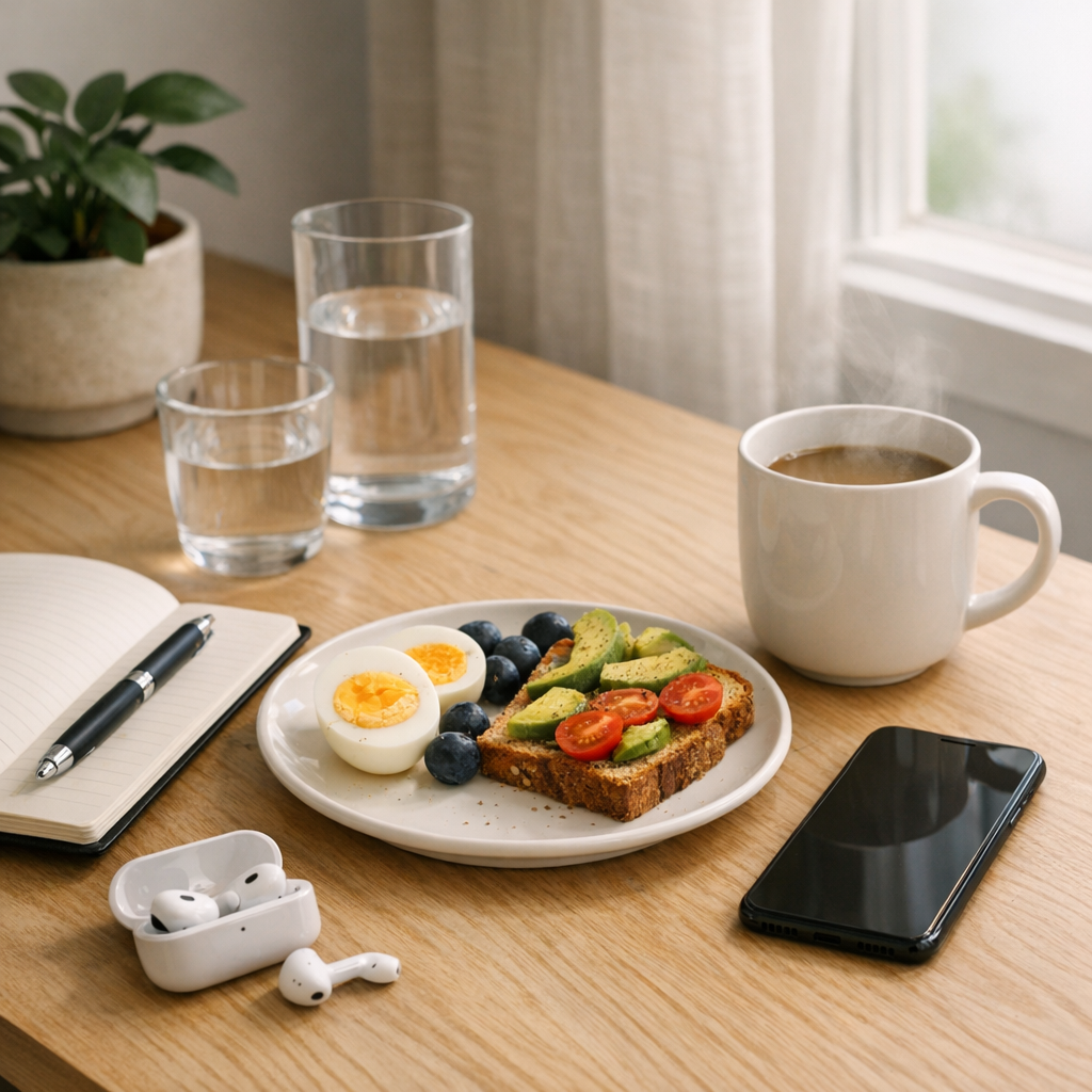 Desk with notebook, phone, and water bottle during a morning reset