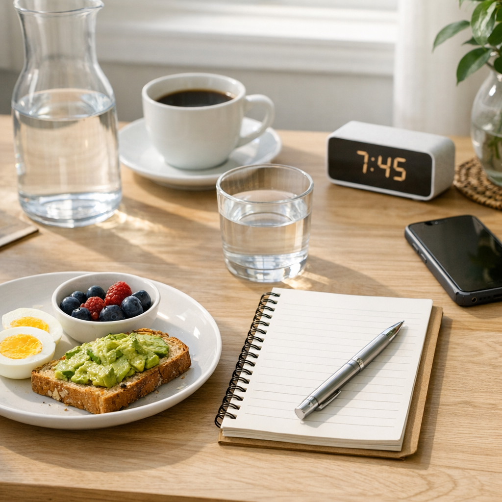 Desk with notebook, phone, and water bottle during a morning reset