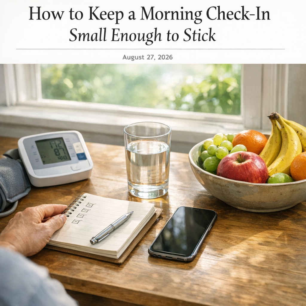 Morning wellness setup with iPhone, water glass, notebook, and fruit bowl