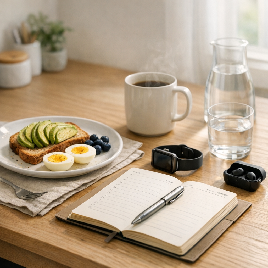 Desk with notebook, phone, and water bottle during a morning reset