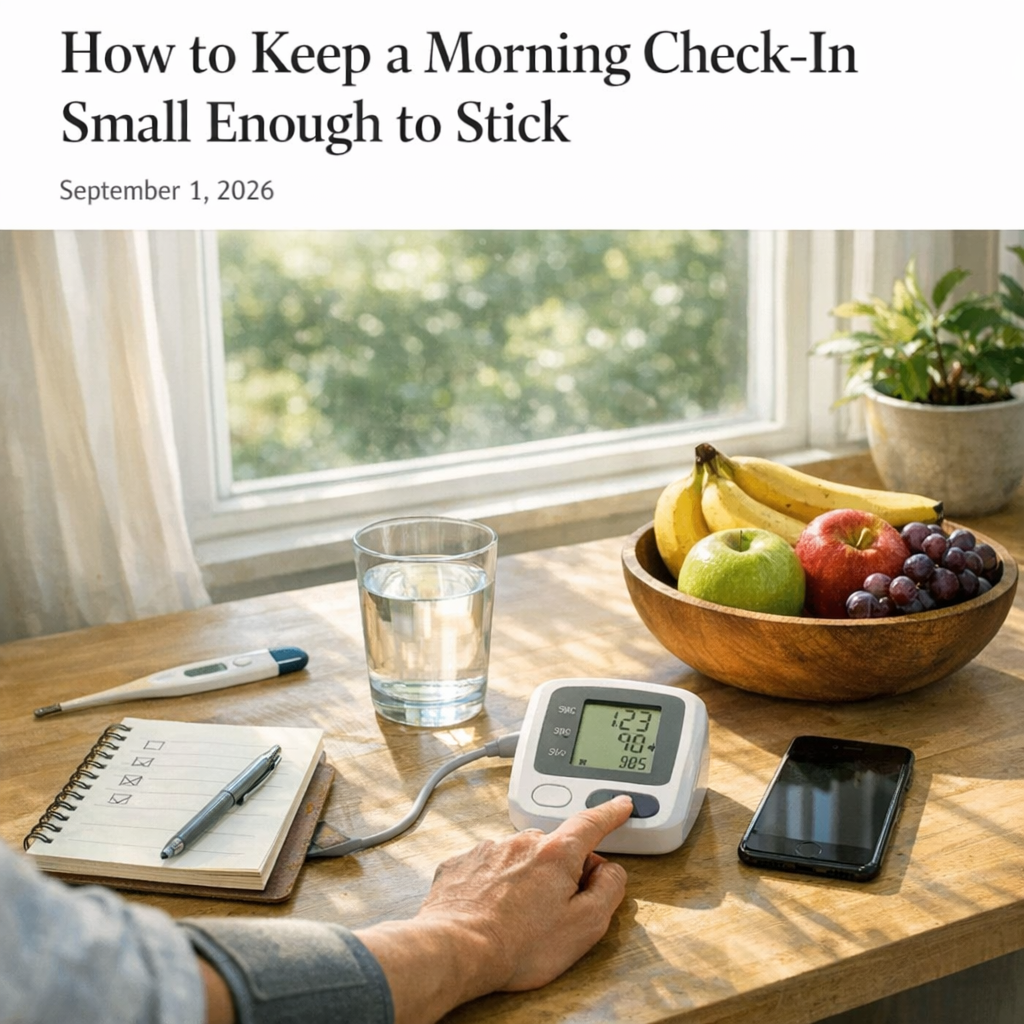 Morning wellness setup with iPhone, water glass, notebook, and fruit bowl