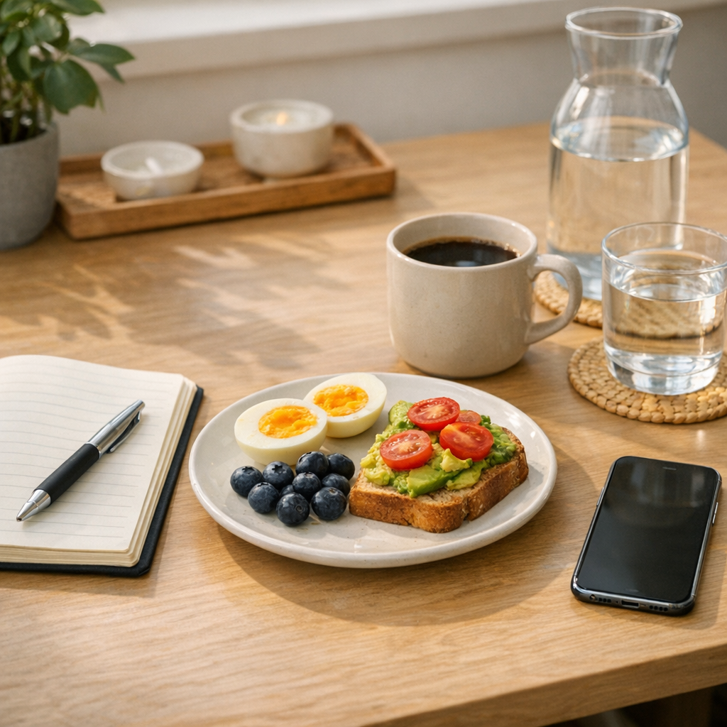 Desk with notebook, phone, and water bottle during a morning reset