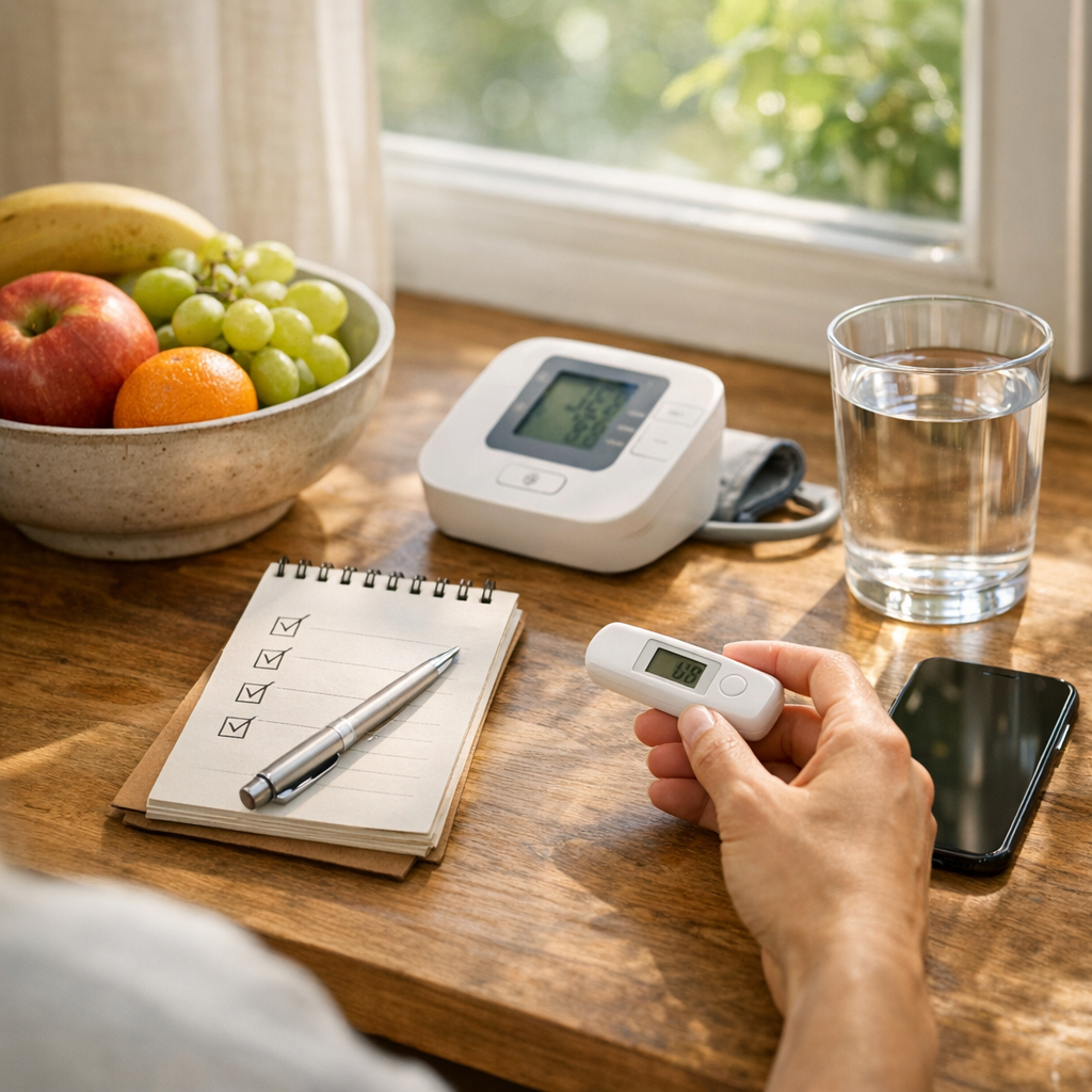 Morning wellness setup with iPhone, water glass, notebook, and fruit bowl