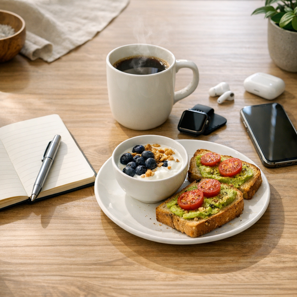 Desk with notebook, phone, and water bottle during a morning reset