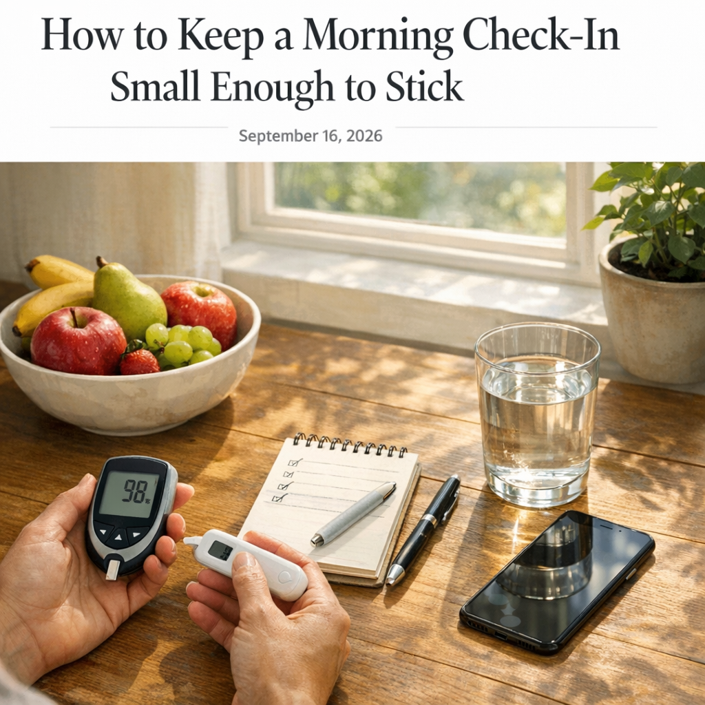 Morning wellness setup with iPhone, water glass, notebook, and fruit bowl