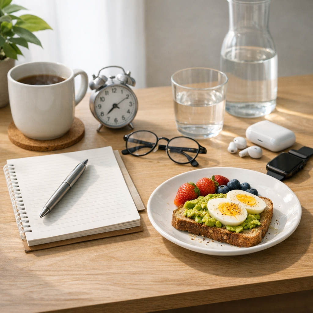 Desk with notebook, phone, and water bottle during a morning reset