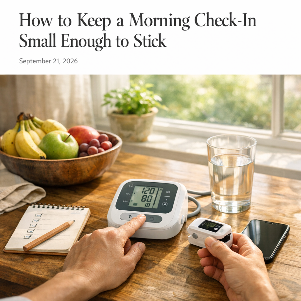 Morning wellness setup with iPhone, water glass, notebook, and fruit bowl