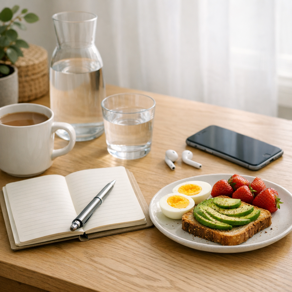 Desk with notebook, phone, and water bottle during a morning reset