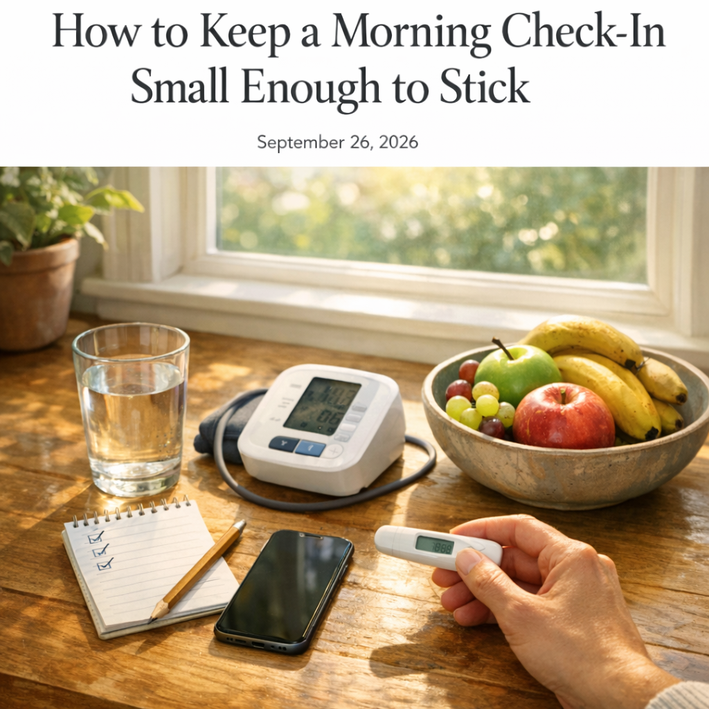 Morning wellness setup with iPhone, water glass, notebook, and fruit bowl