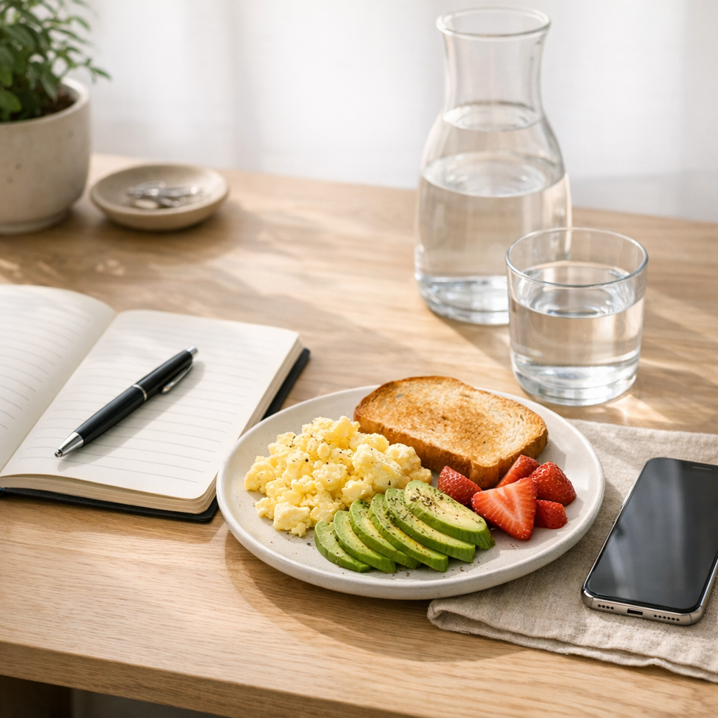 Desk with notebook, phone, and water bottle during a morning reset