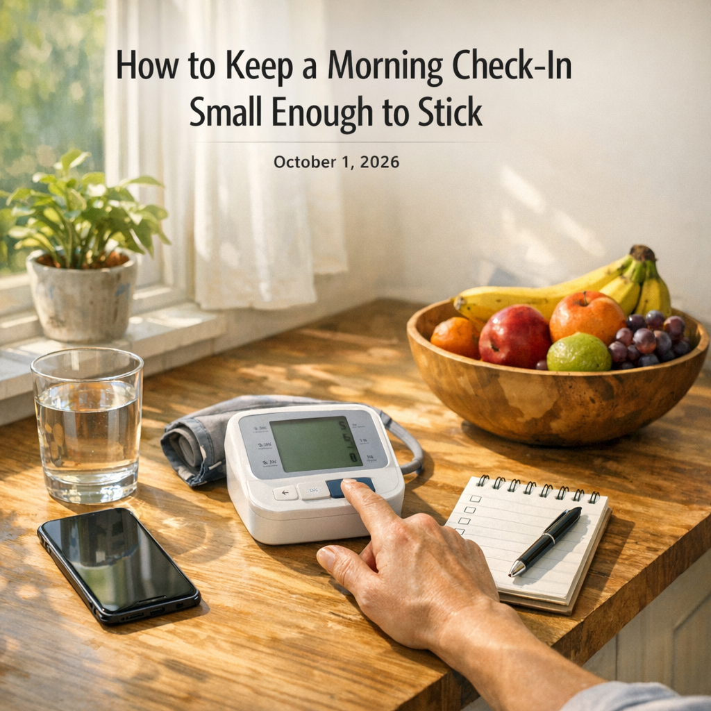 Morning wellness setup with iPhone, water glass, notebook, and fruit bowl