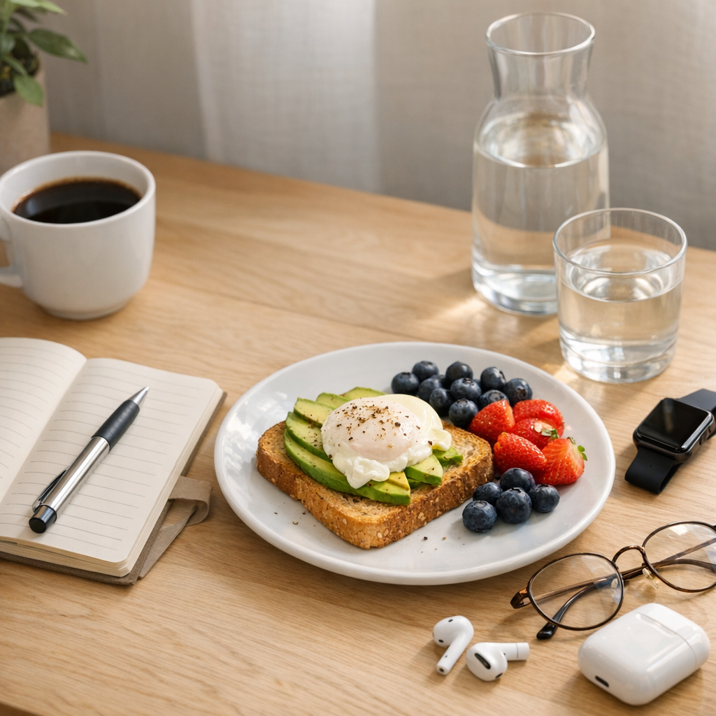 Desk with notebook, phone, and water bottle during a morning reset