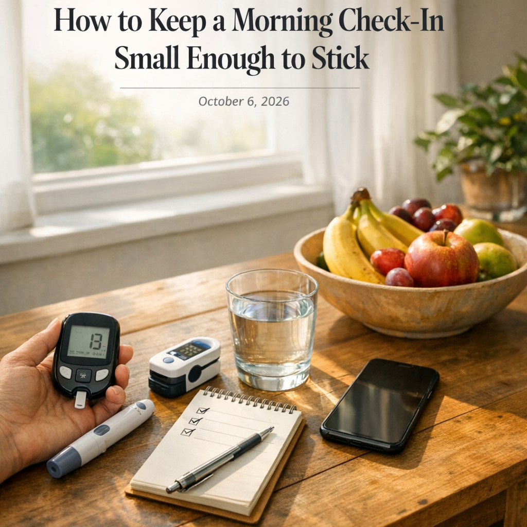 Morning wellness setup with iPhone, water glass, notebook, and fruit bowl