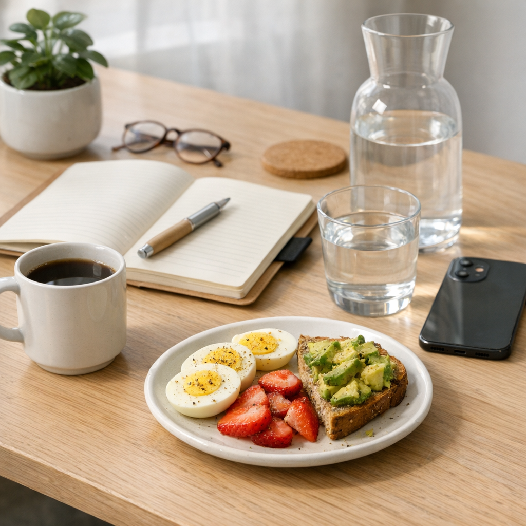Desk with notebook, phone, and water bottle during a morning reset