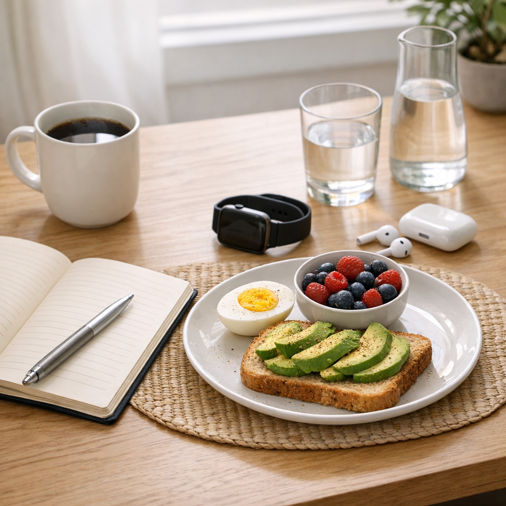 Desk with notebook, phone, and water bottle during a morning reset