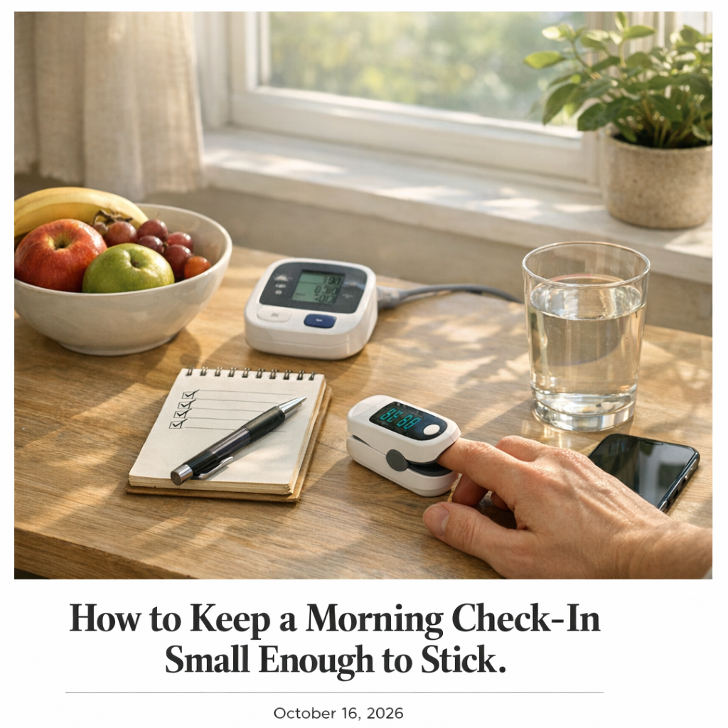 Morning wellness setup with iPhone, water glass, notebook, and fruit bowl