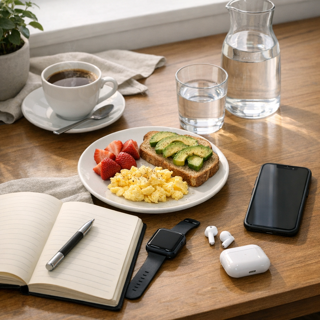 Desk with notebook, phone, and water bottle during a morning reset