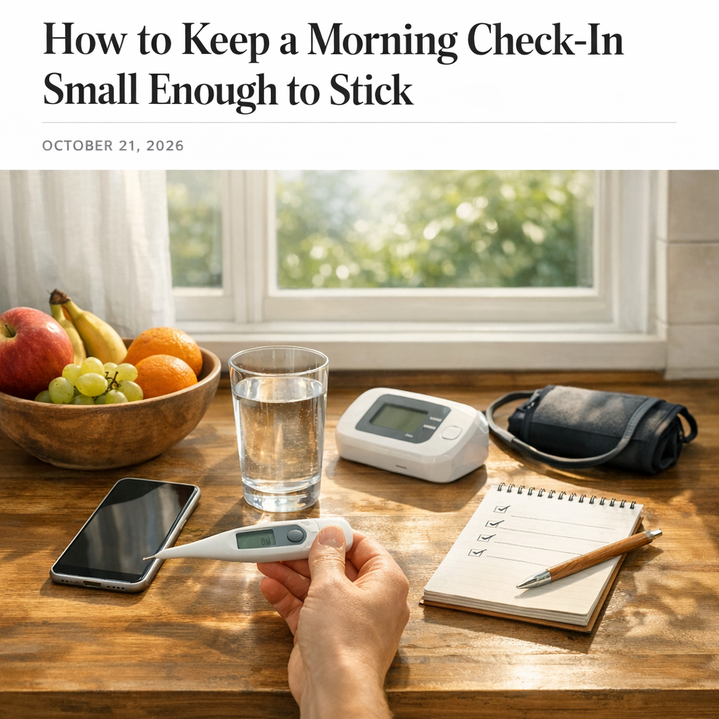 Morning wellness setup with iPhone, water glass, notebook, and fruit bowl
