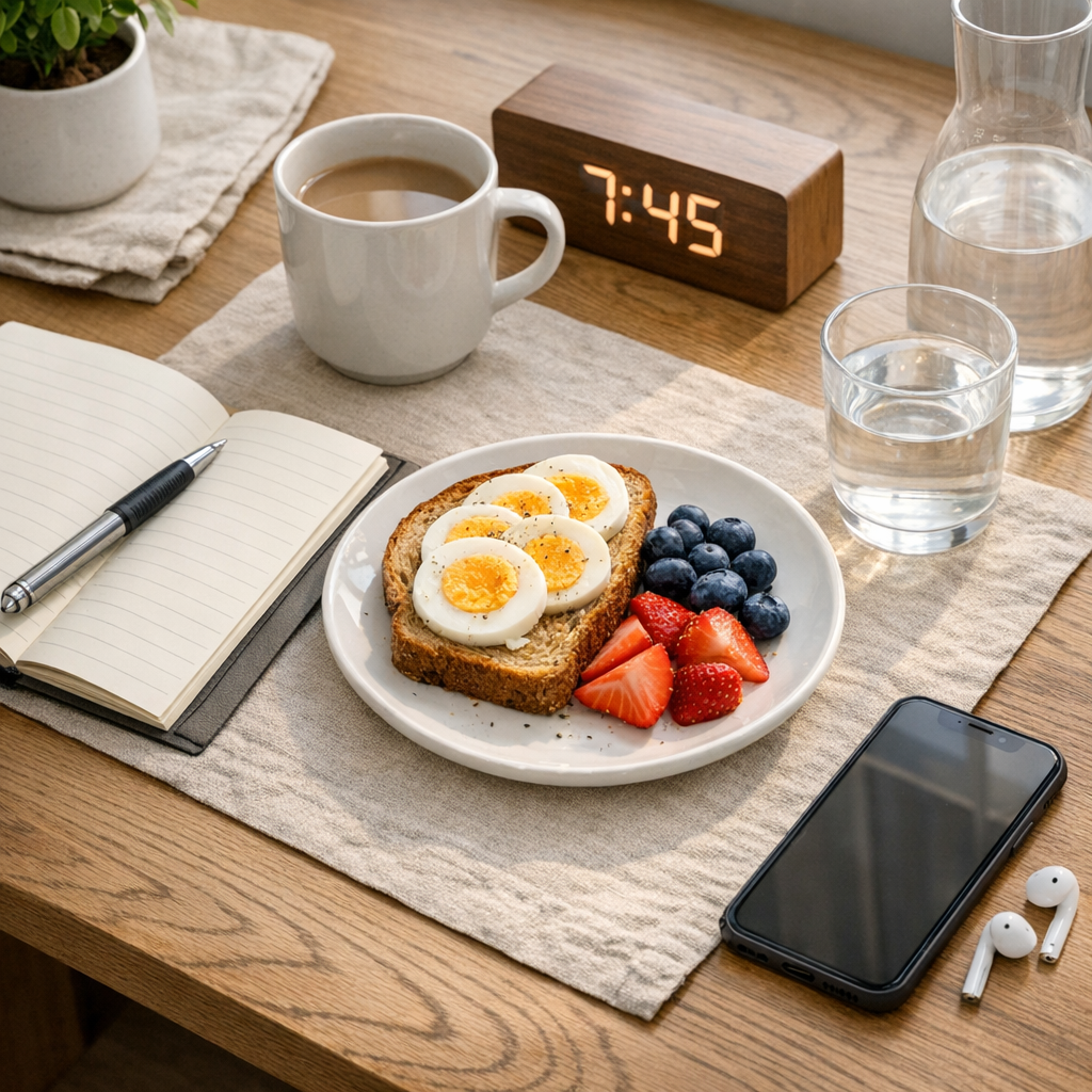 Desk with notebook, phone, and water bottle during a morning reset