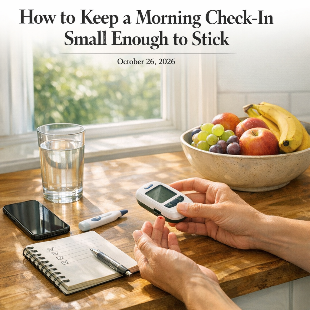 Morning wellness setup with iPhone, water glass, notebook, and fruit bowl