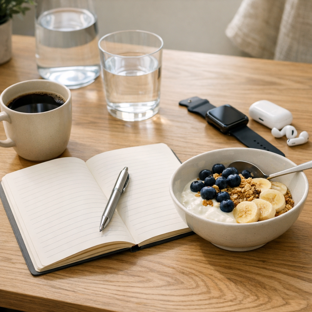 Desk with notebook, phone, and water bottle during a morning reset