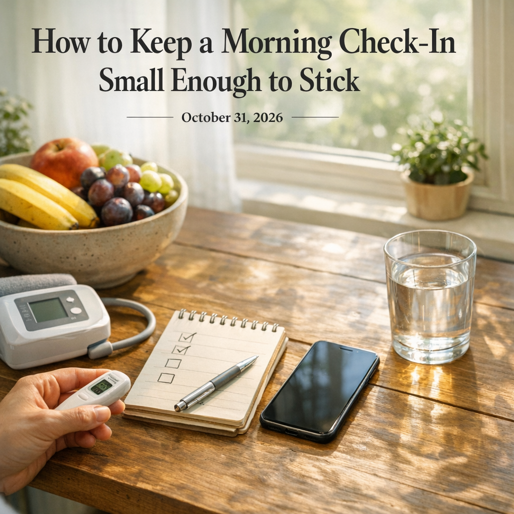 Morning wellness setup with iPhone, water glass, notebook, and fruit bowl