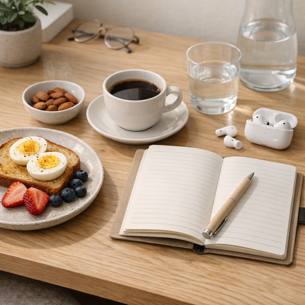 Desk with notebook, phone, and water bottle during a morning reset