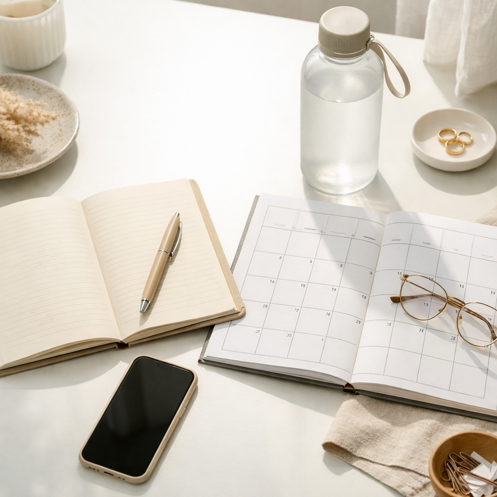 Weekend reset setup with notebook, water bottle, and phone on a bright table