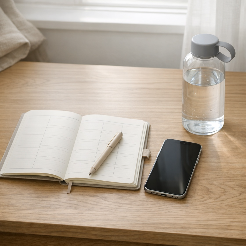 Weekend planning table with planner, phone, and water bottle