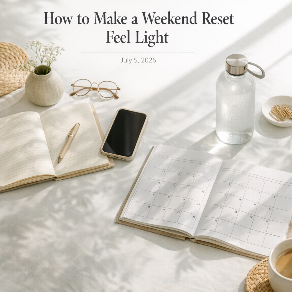 Weekend reset setup with notebook, water bottle, and phone on a bright table