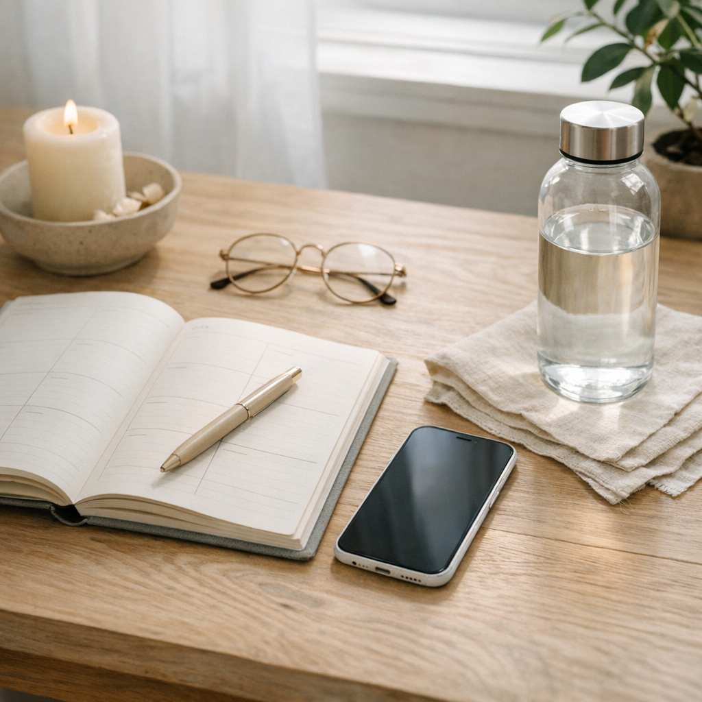 Weekend planning table with planner, phone, and water bottle