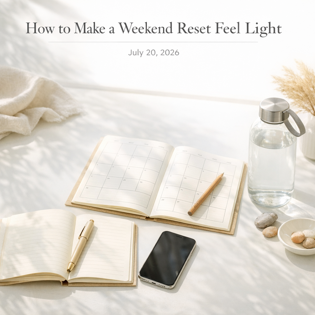 Weekend reset setup with notebook, water bottle, and phone on a bright table
