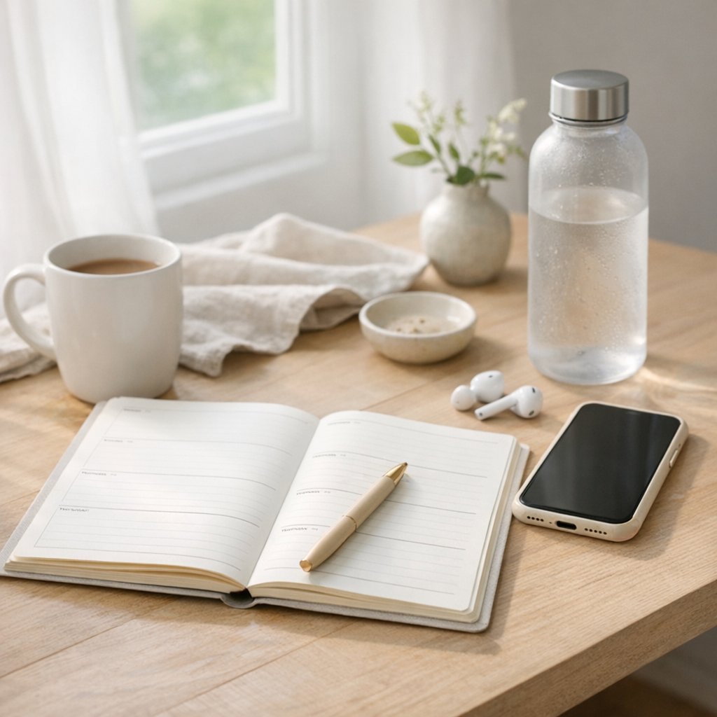 Weekend planning table with planner, phone, and water bottle