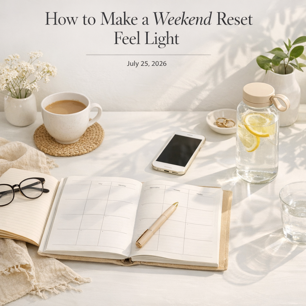 Weekend reset setup with notebook, water bottle, and phone on a bright table