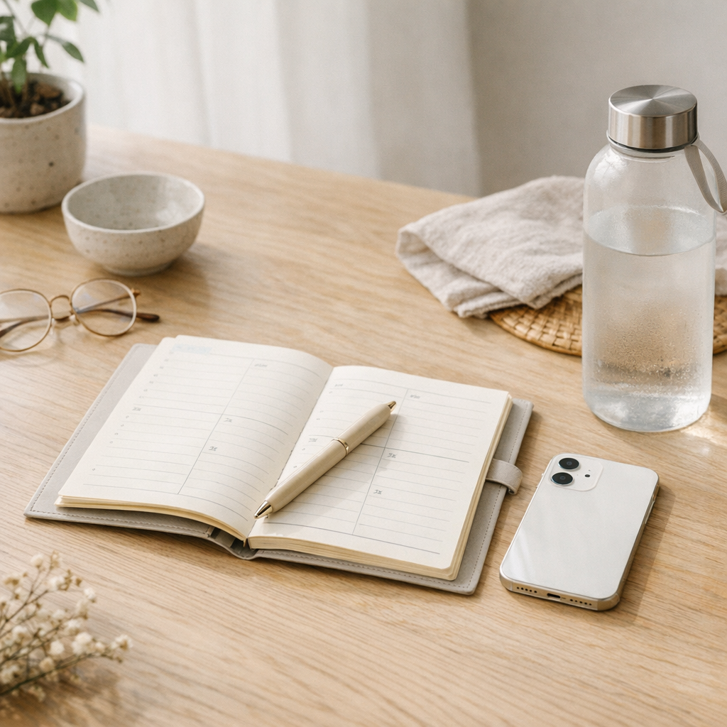 Weekend planning table with planner, phone, and water bottle