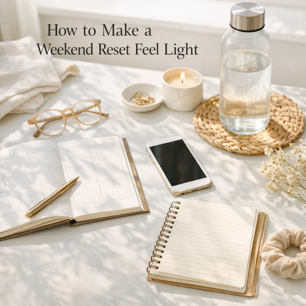 Weekend reset setup with notebook, water bottle, and phone on a bright table