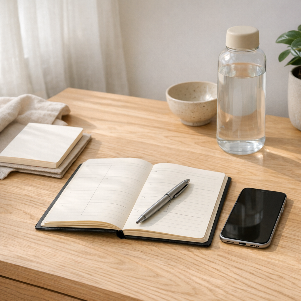 Weekend planning table with planner, phone, and water bottle