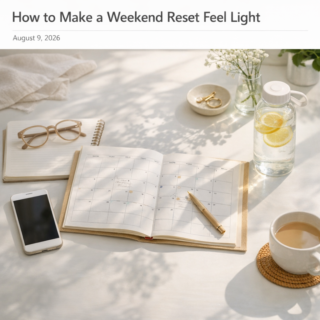Weekend reset setup with notebook, water bottle, and phone on a bright table