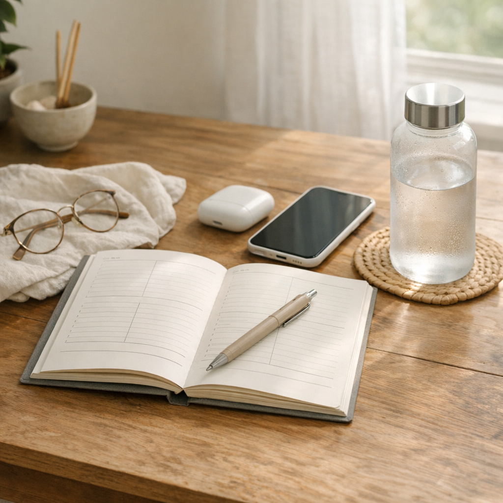 Weekend planning table with planner, phone, and water bottle