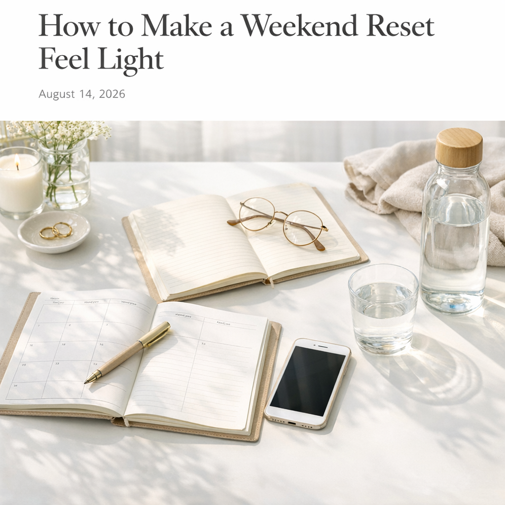 Weekend reset setup with notebook, water bottle, and phone on a bright table