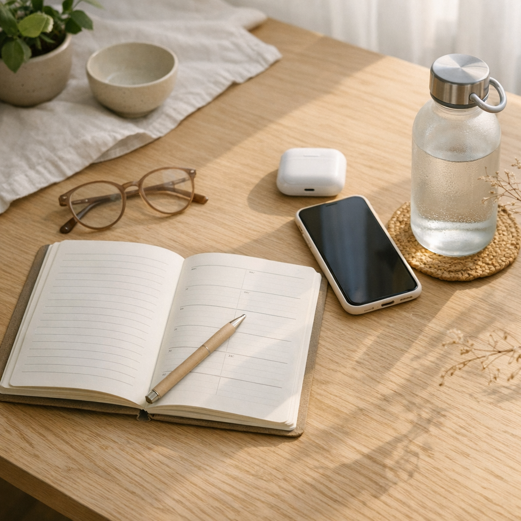 Weekend planning table with planner, phone, and water bottle