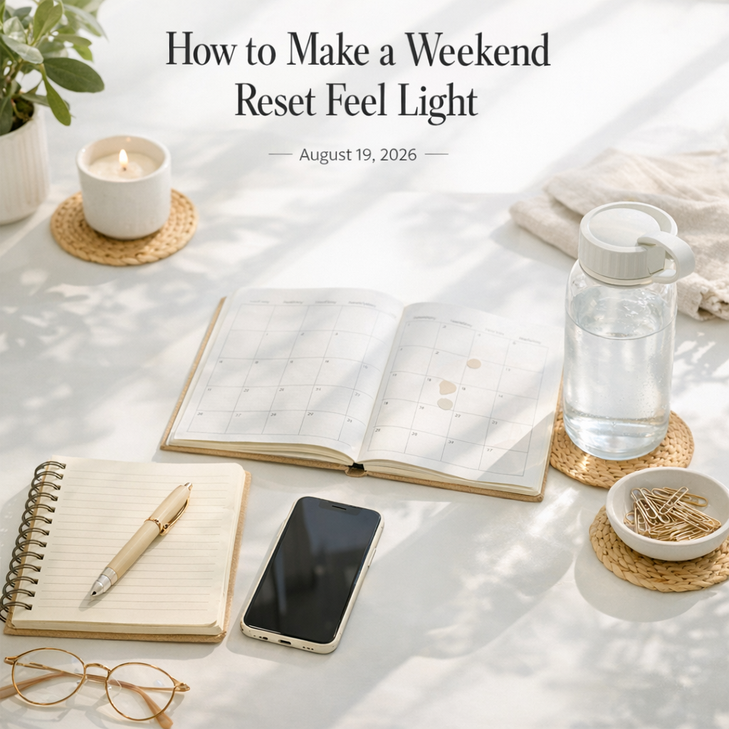 Weekend reset setup with notebook, water bottle, and phone on a bright table