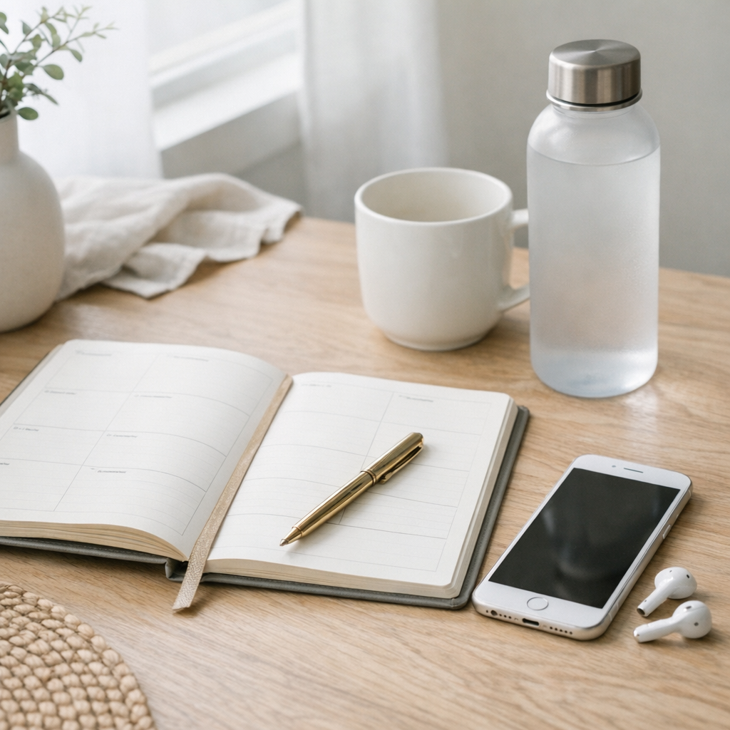 Weekend planning table with planner, phone, and water bottle