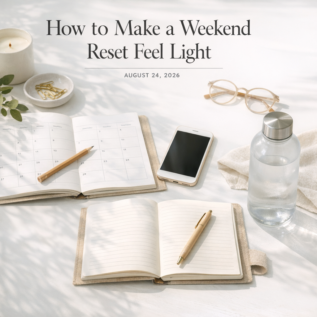 Weekend reset setup with notebook, water bottle, and phone on a bright table