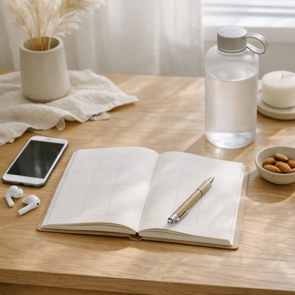 Weekend planning table with planner, phone, and water bottle