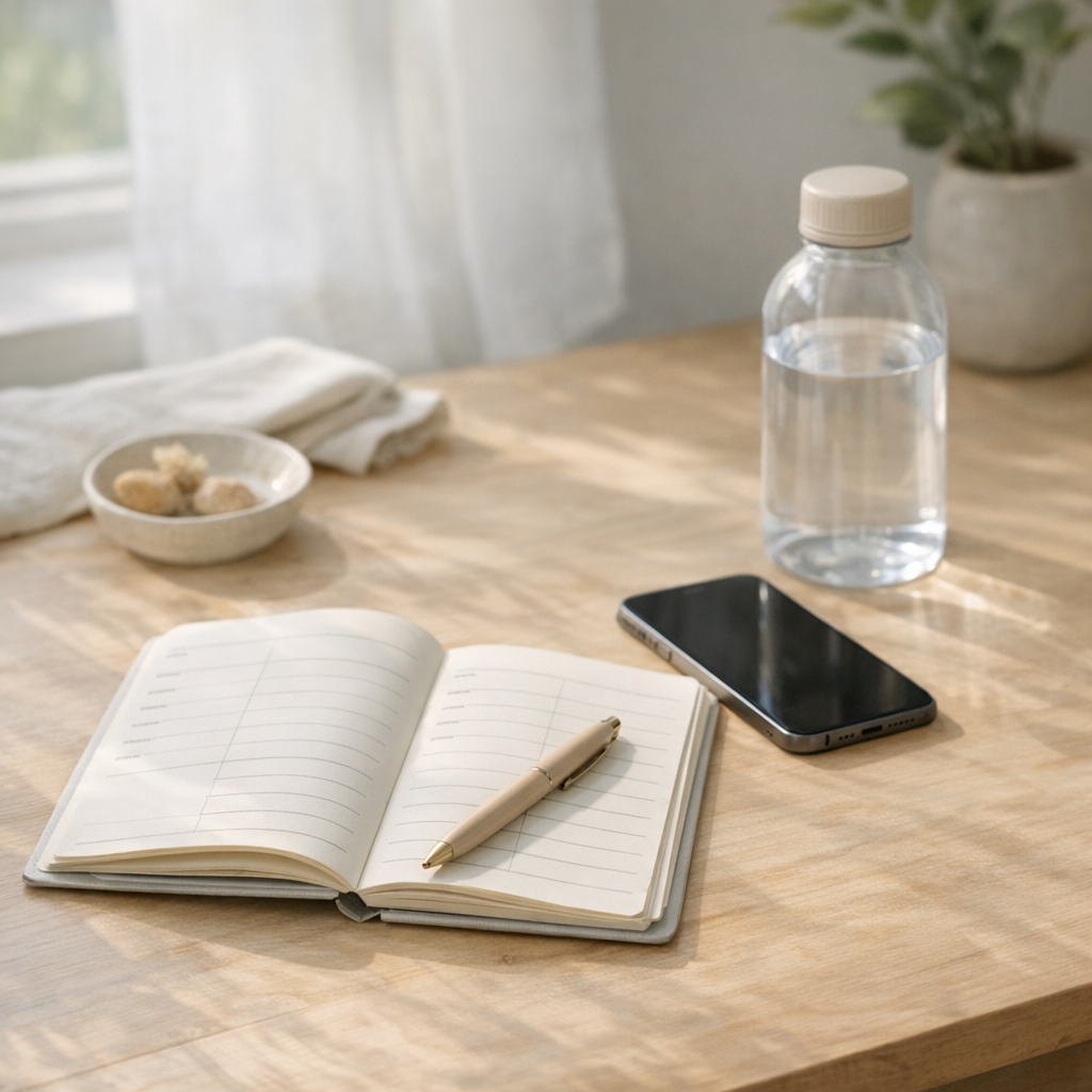 Weekend planning table with planner, phone, and water bottle