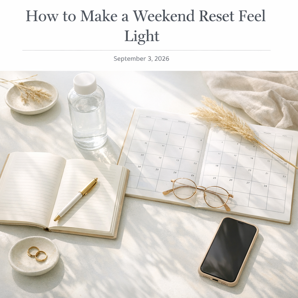 Weekend reset setup with notebook, water bottle, and phone on a bright table