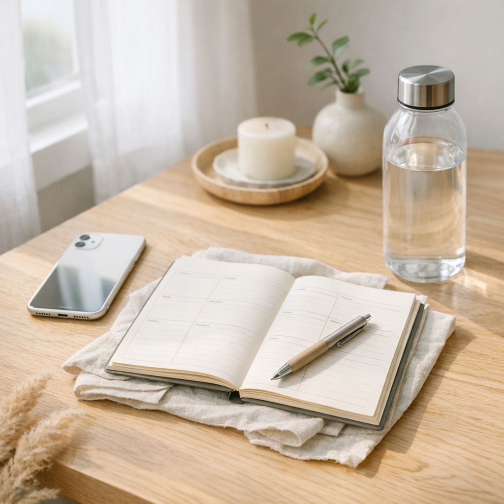 Weekend planning table with planner, phone, and water bottle